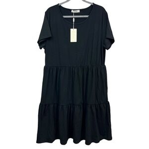 Nemidor Womens Shift Dress Stretch Tiered Short Sleeve Pockets Black Size 18*